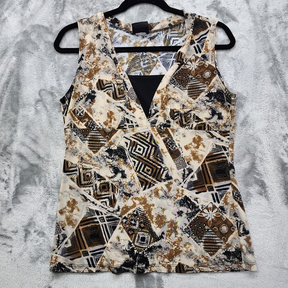 Vintage JKLA California Top Womens M Brown Black Geometric Empire‎ Waist Stretch